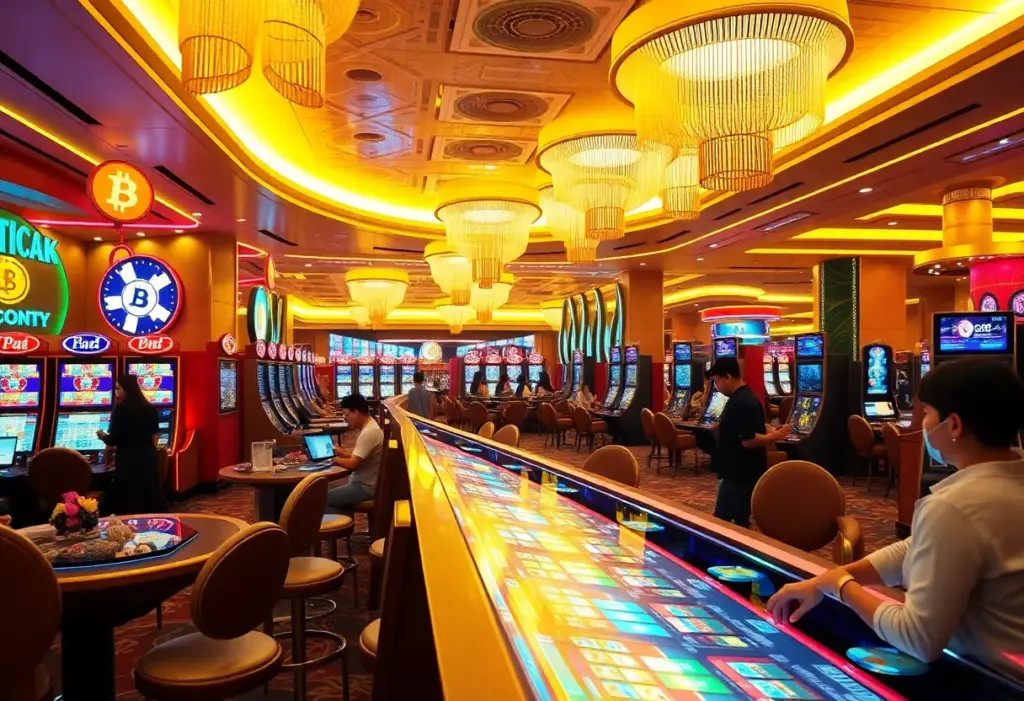 Futuristic crypto casino environment with players engaging in games