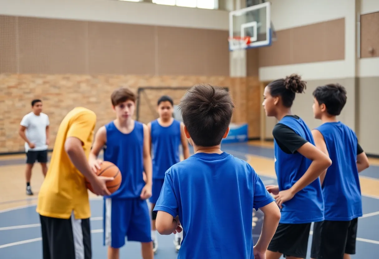 Young basketball players training on the court
