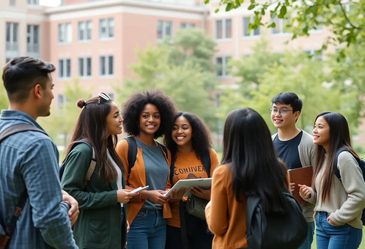 College students of diverse backgrounds discussing diversity and inclusion on campus.