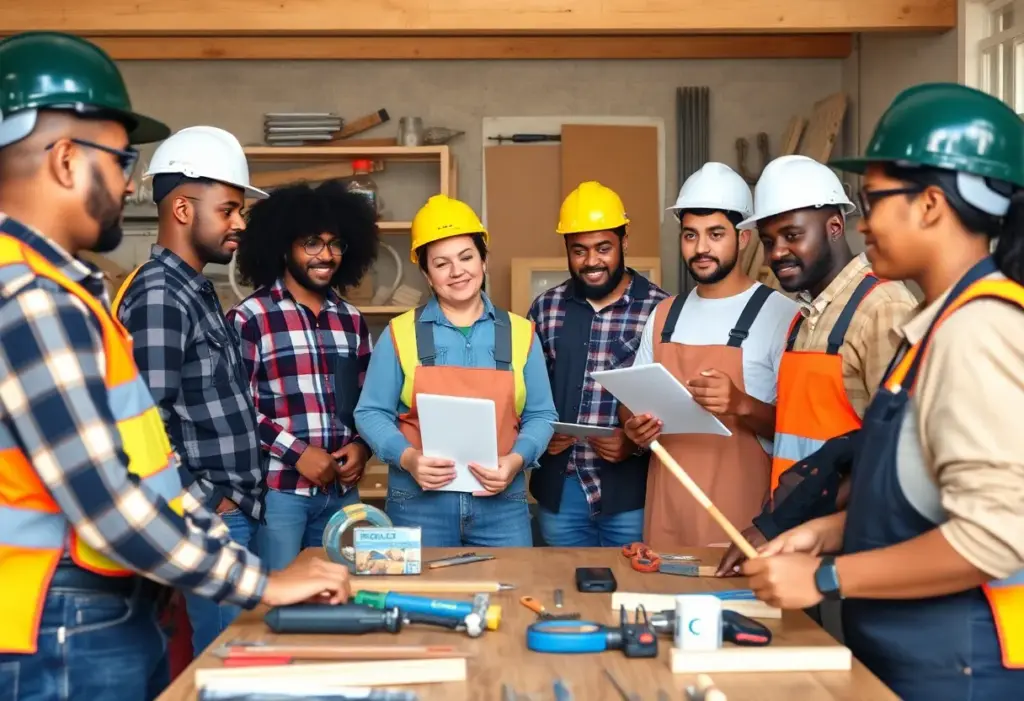 Construction workers participating in a mental health workshop.