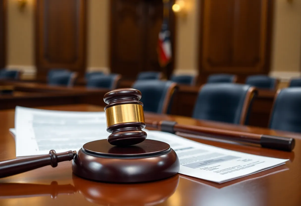 A courtroom showing legal documents and a gavel, representing copyright infringement cases.