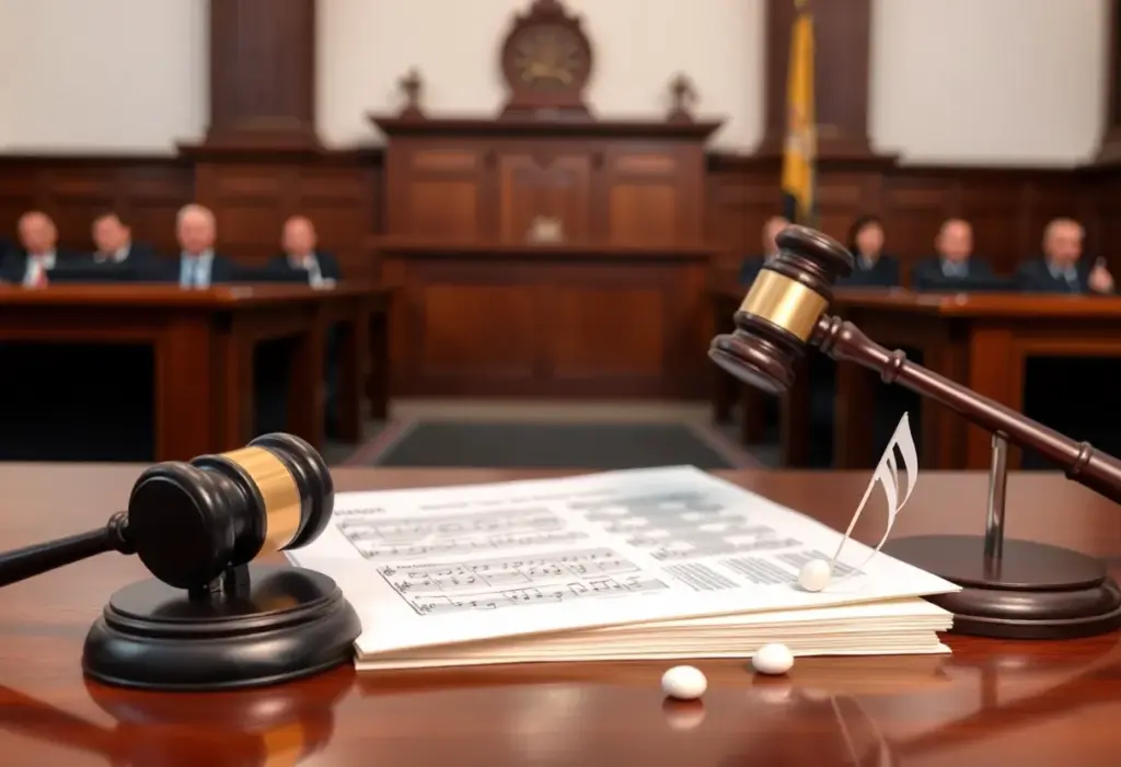 Courtroom with legal symbols for copyright infringement case