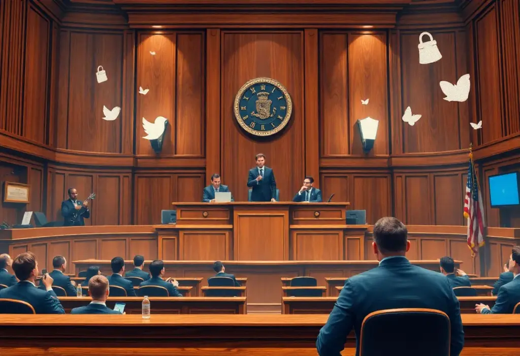A courtroom representing a copyright lawsuit with music symbols.