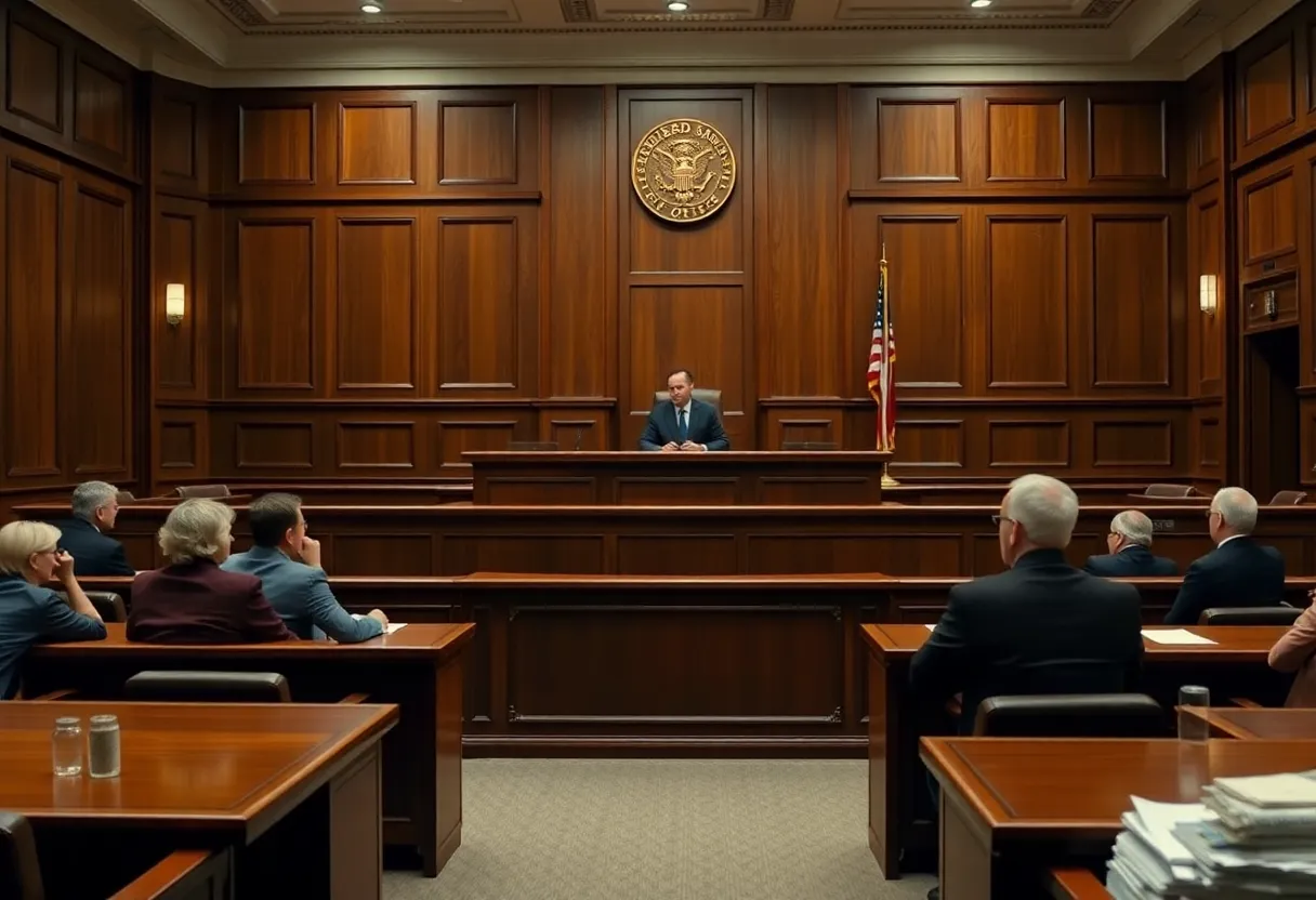 A courtroom scene depicting legal proceedings