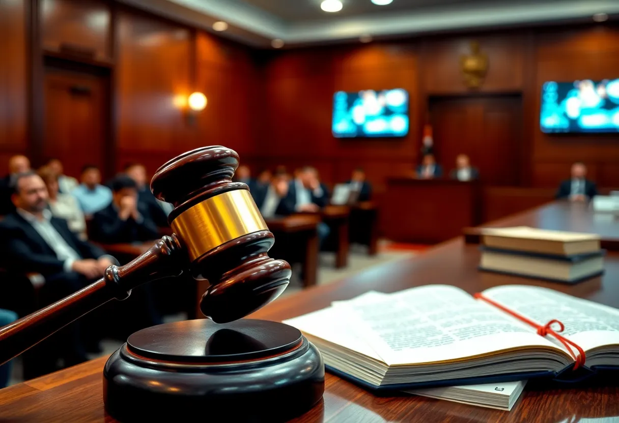Courtroom scene showing a legal trial regarding illegal streaming operations.
