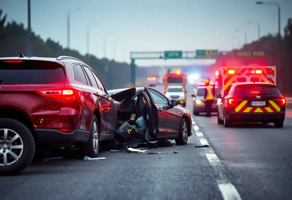 Scene of a DUI-related car crash on a highway.