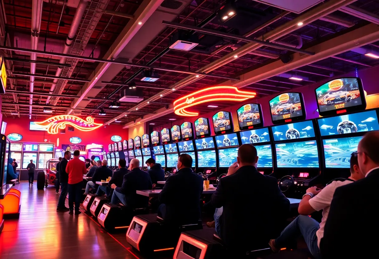 Guests enjoying racing simulators and food at F1 Arcade Las Vegas