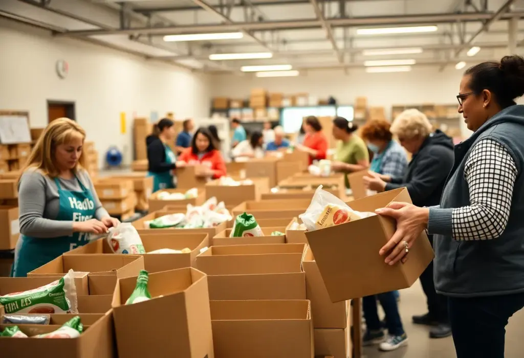 Volunteers packing food at a community food bank for SNAP beneficiaries