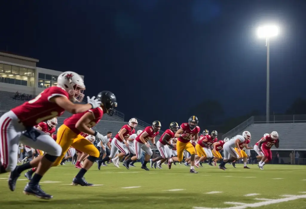 High school football players in action during a game