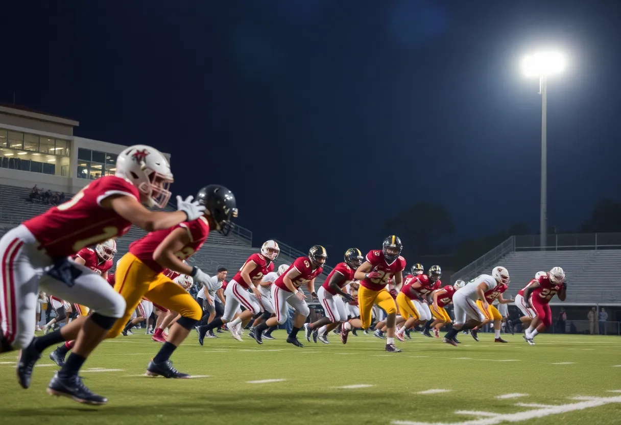 High school football players in action during a game