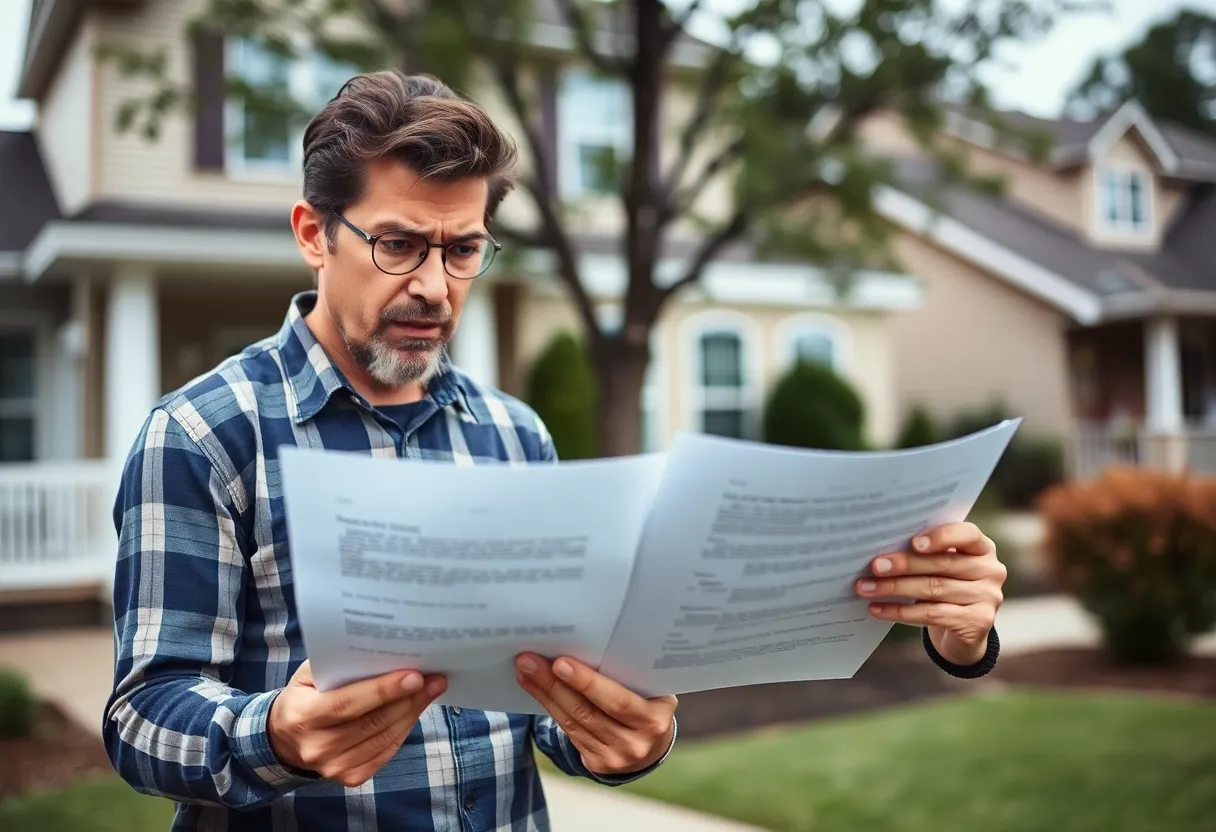 Homeowner looking worried with legal documents in hand