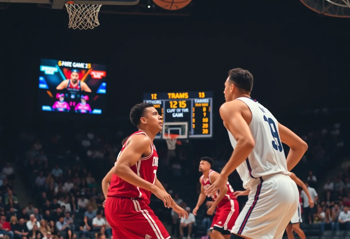 Basketball players in action during an intense playoff game
