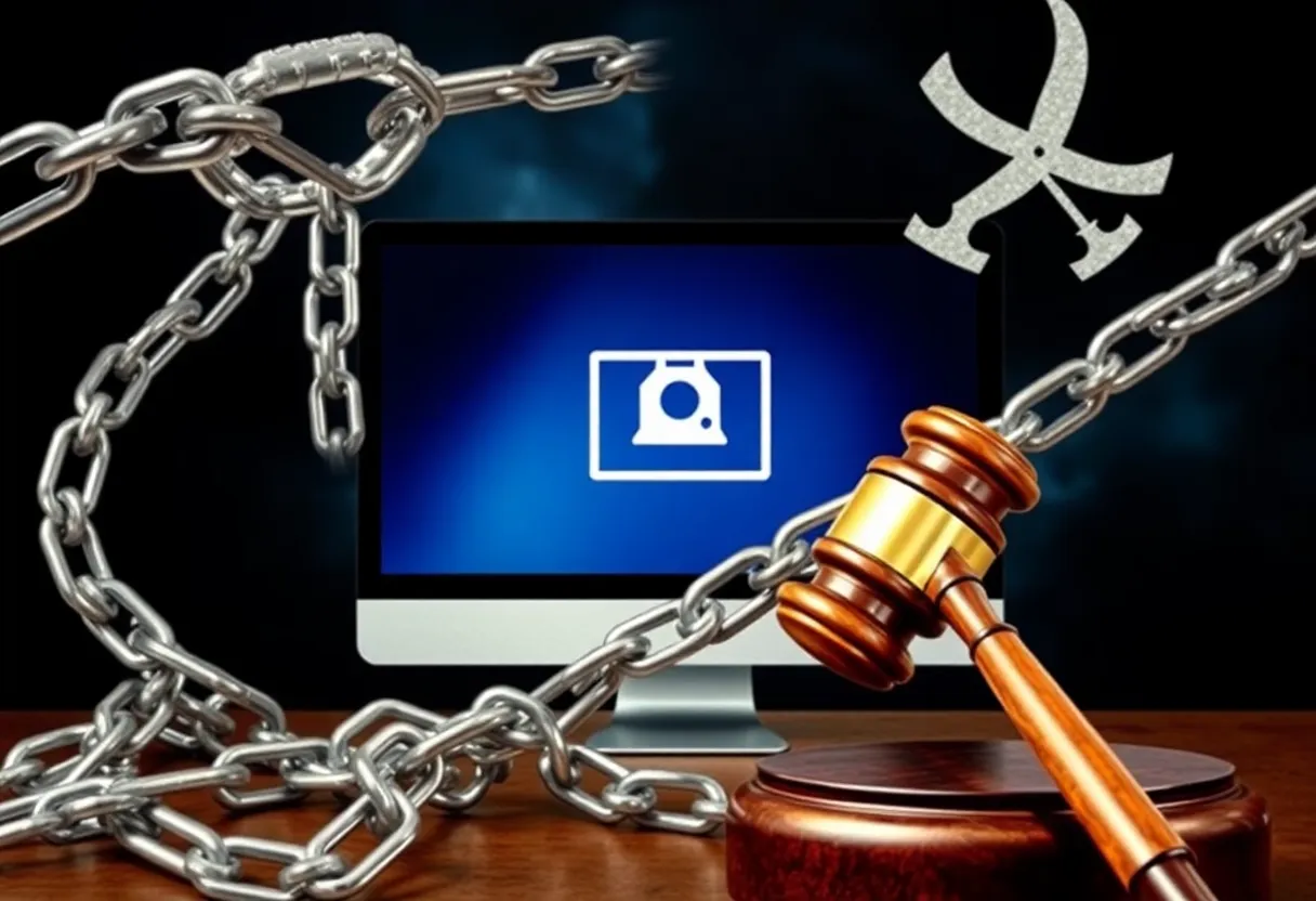 Representation of internet piracy and legal action.