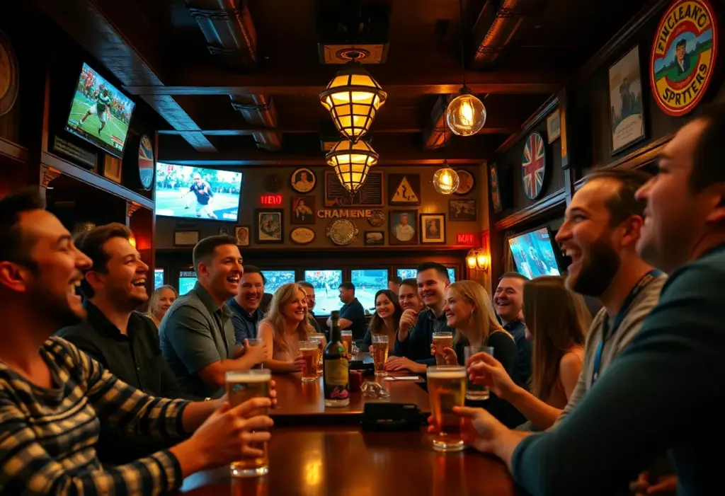 Interior of a sports pub filled with lively patrons enjoying a game together