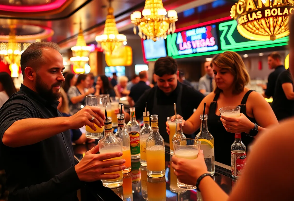 Bartenders preparing sealed cocktails for delivery at a Las Vegas restaurant.