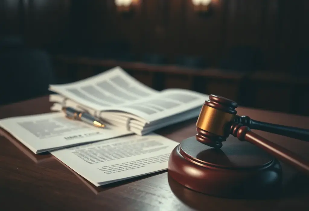 Courtroom with gavel and legal papers