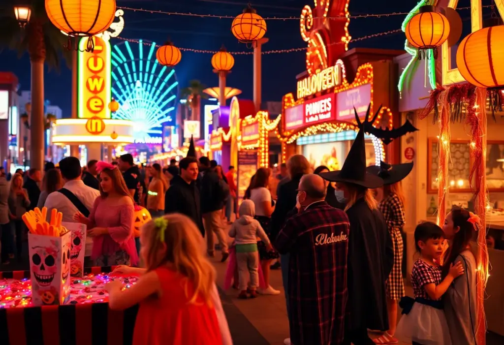 Families celebrating Halloween in Las Vegas with games and costumes