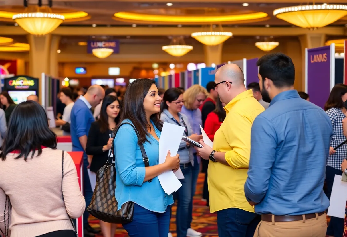 Job seekers at a Las Vegas job fair engaging with employers.