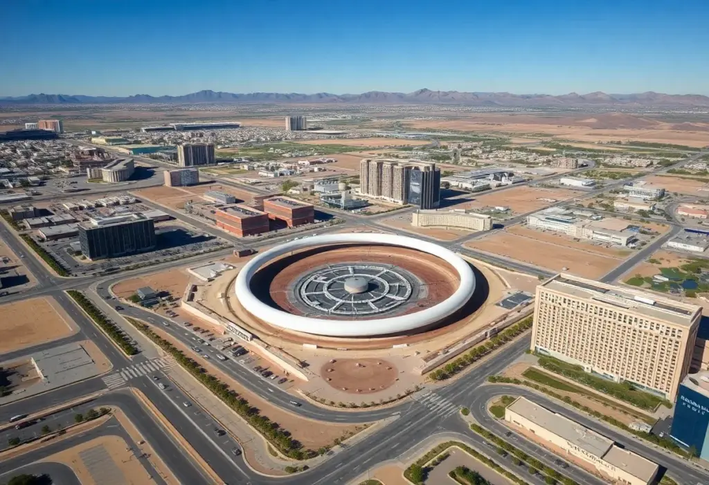 Aerial view of the Las Vegas Loop with ongoing construction and real estate acquisitions