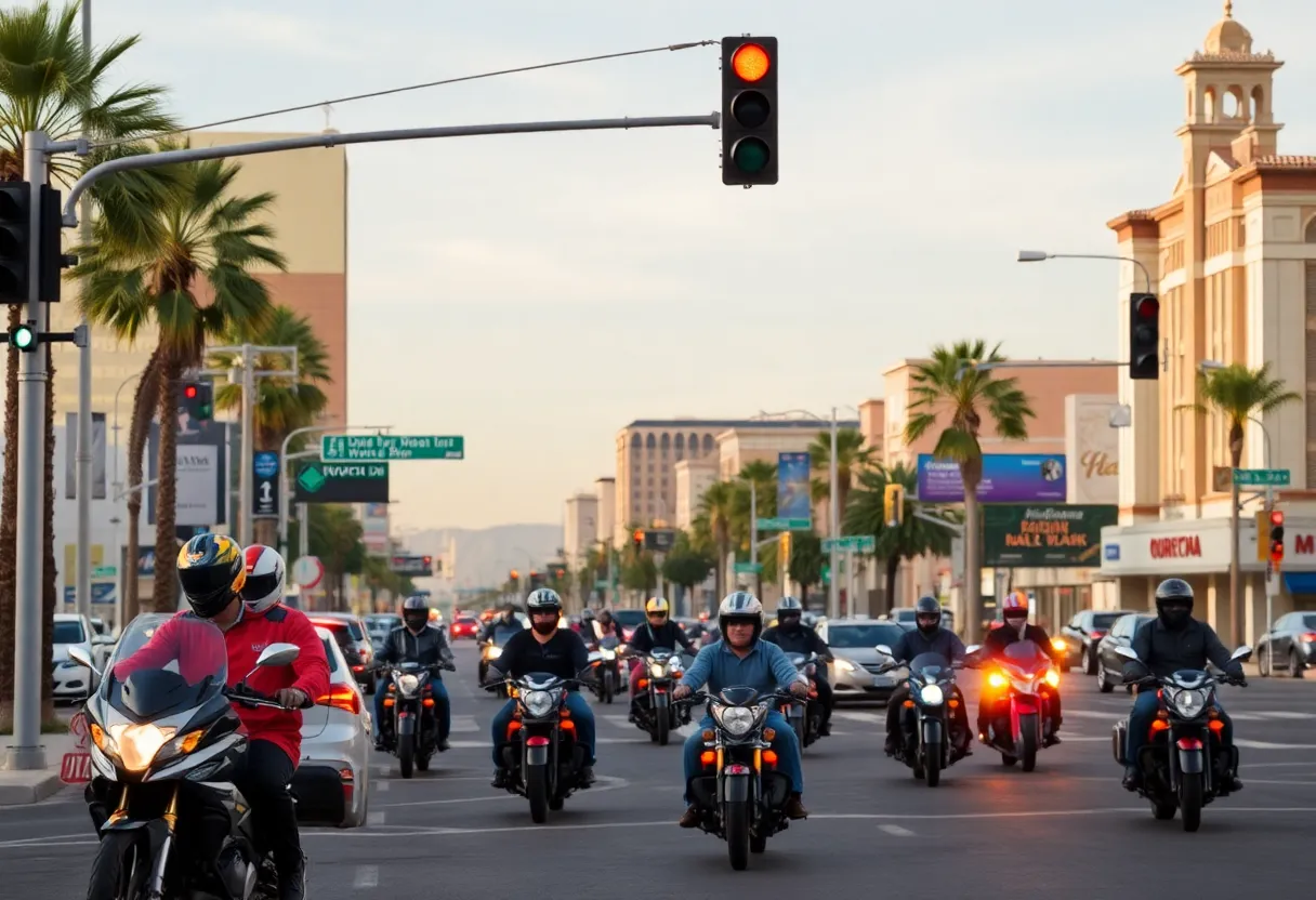 Traffic scene in Las Vegas with motorcycles and safety signs