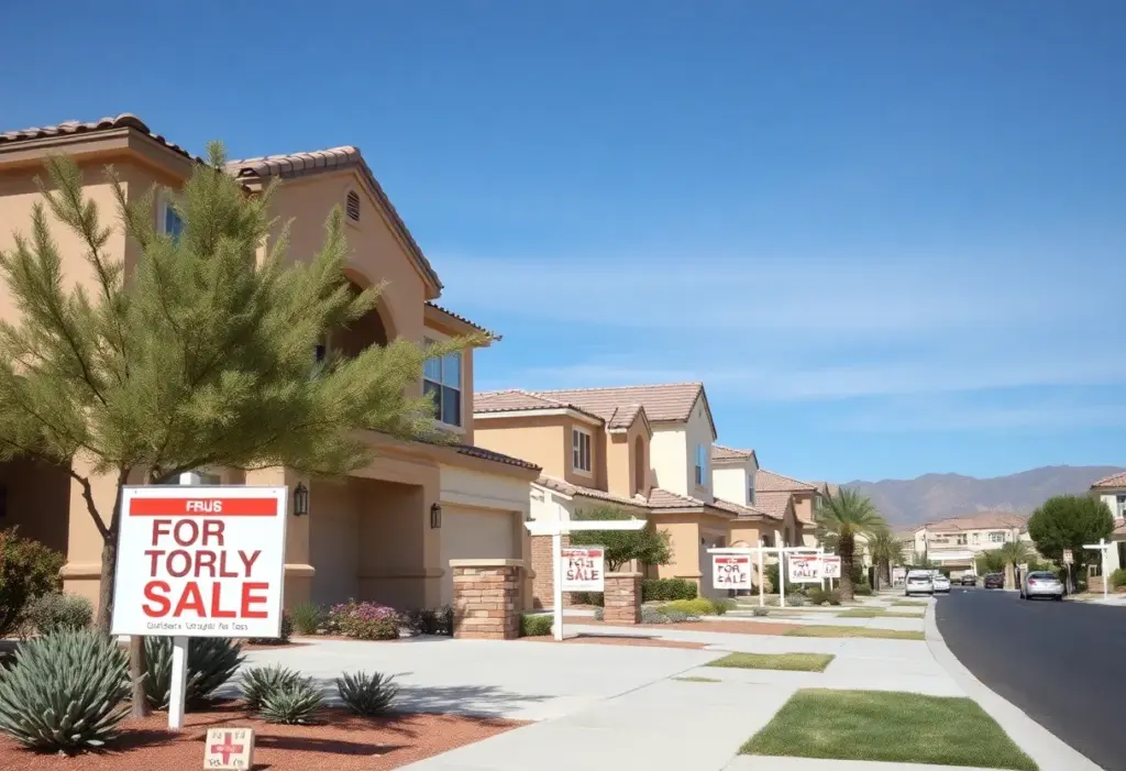 View of a Las Vegas neighborhood with homes for sale signs