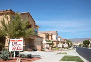 View of a Las Vegas neighborhood with homes for sale signs