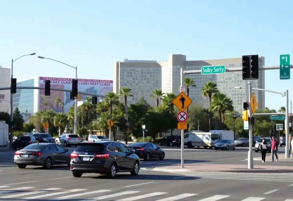 Urban intersection in Las Vegas showcasing traffic and pedestrian safety.