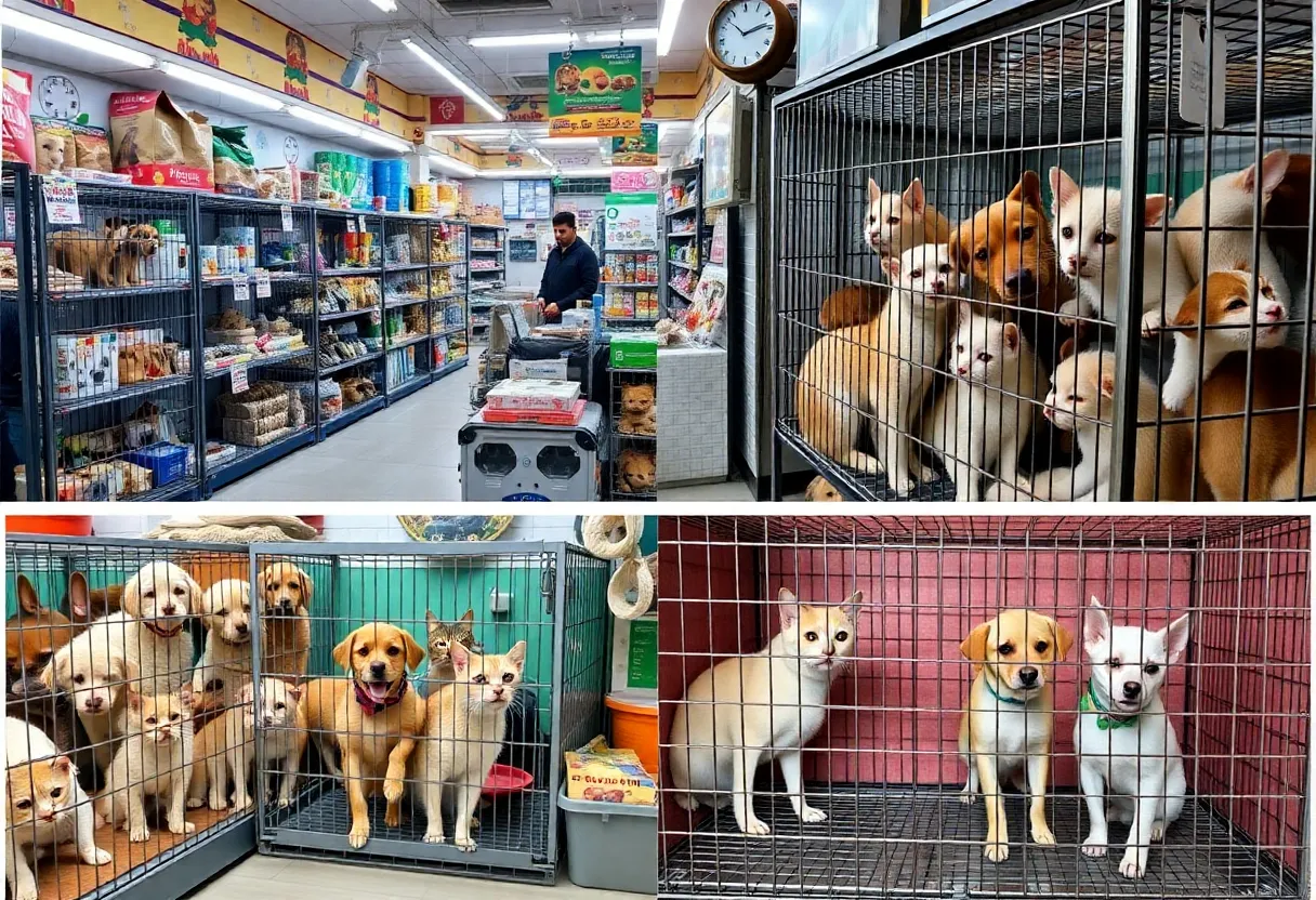 A pet store displaying different animals in varying conditions