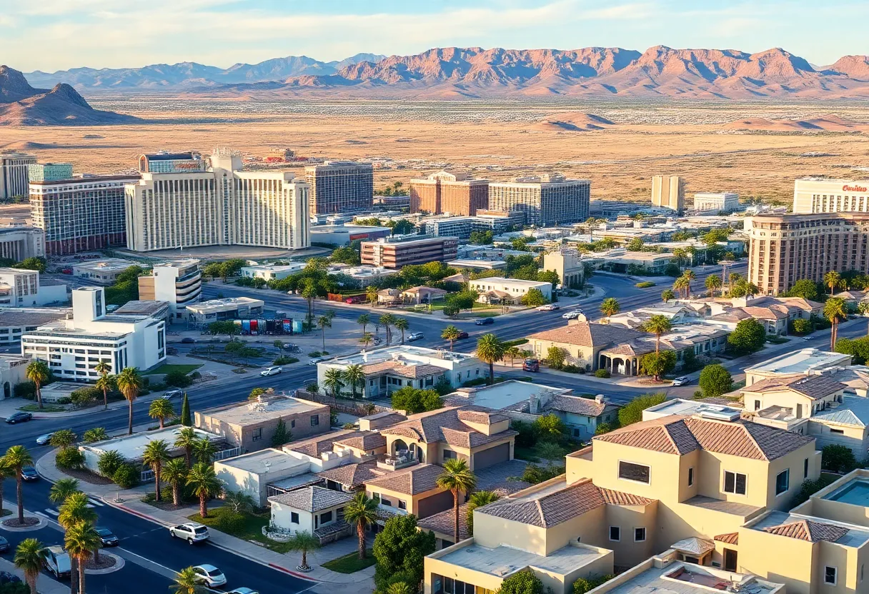 A panoramic view of Las Vegas showcasing the skyline with short-term rental properties in the foreground.