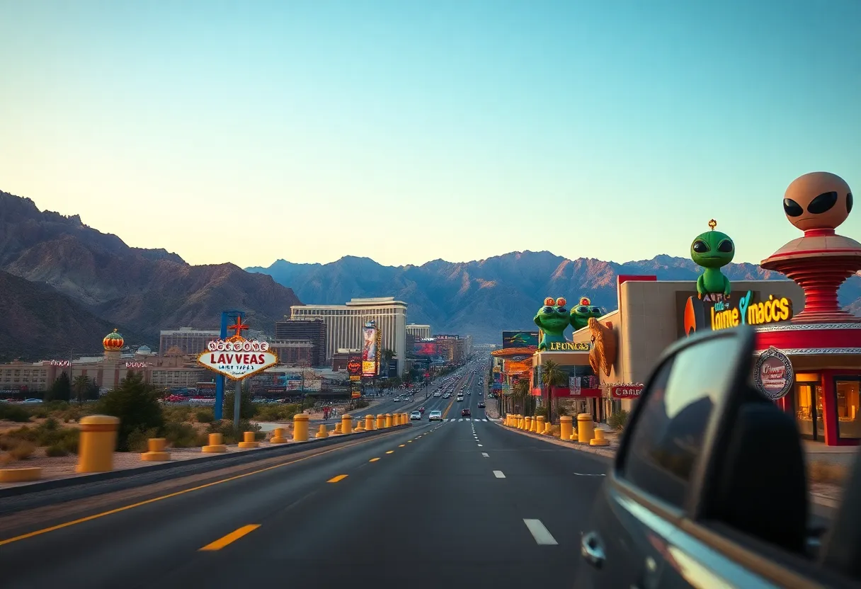 Road trip landscape near Las Vegas with desert scenery and attractions