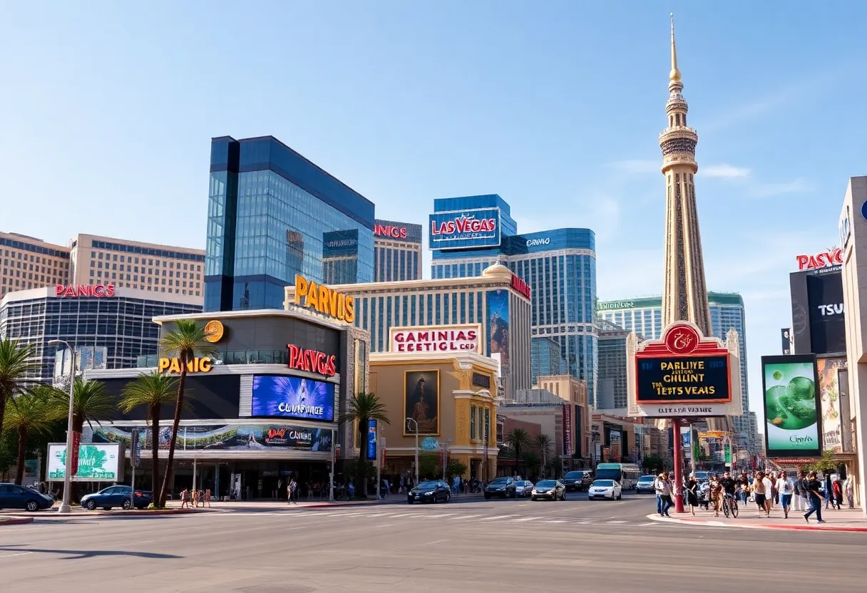 Las Vegas skyline with casino buildings, representing the gaming industry.