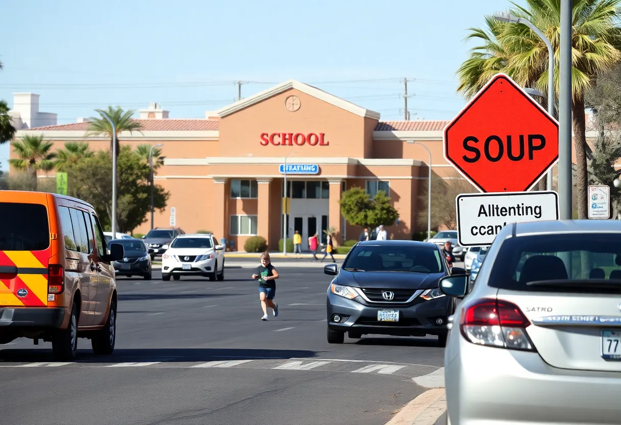 A crowded school zone highlighting safety measures in Las Vegas.