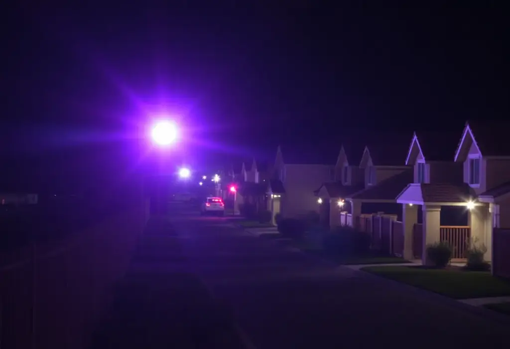 Police lights flashing in a Las Vegas neighborhood following a shooting incident.