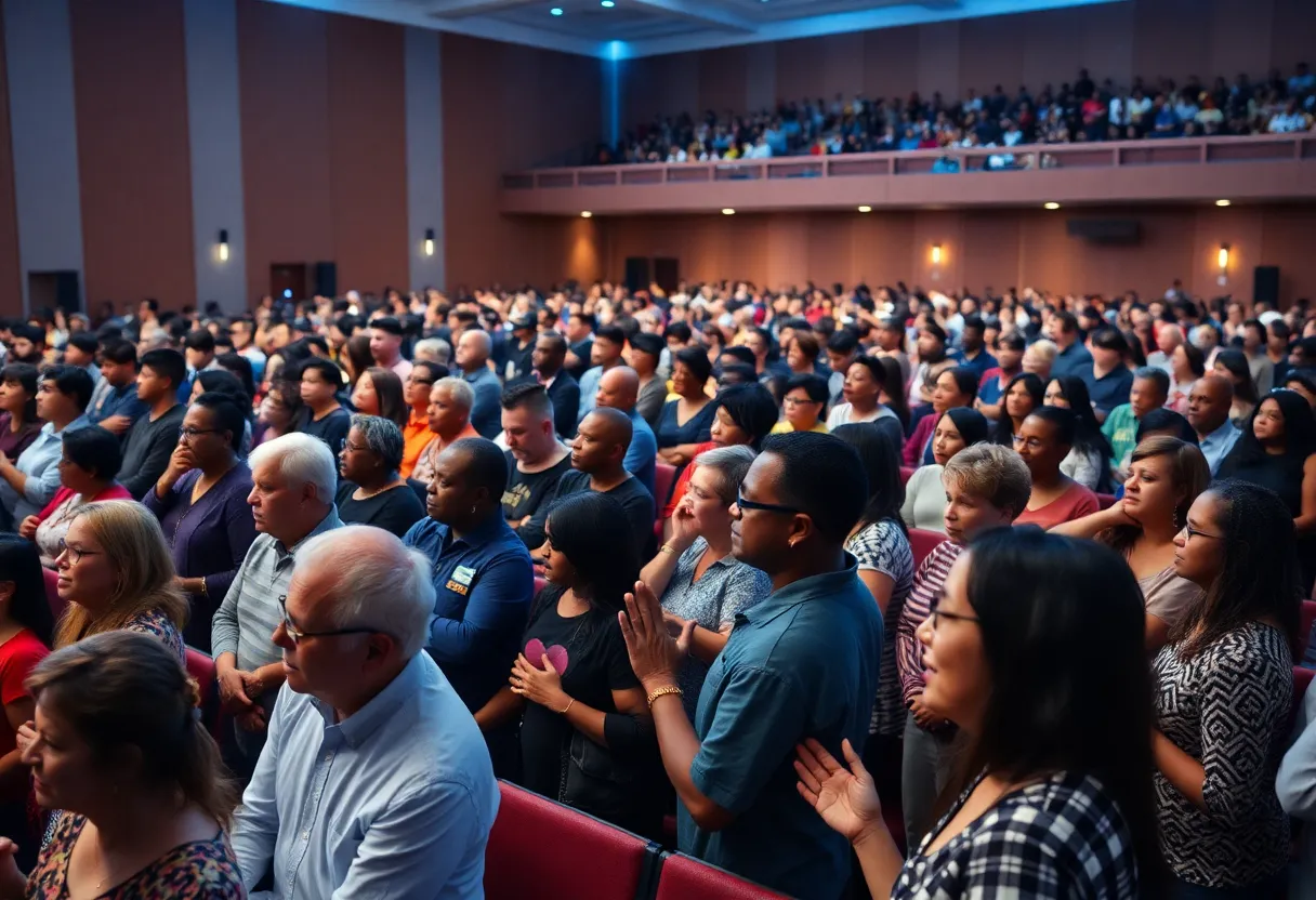 Attendees at the Las Vegas stake conference engaging in a spiritual meeting