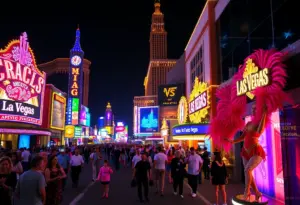 Colorful view of the Las Vegas Strip with neon lights and vibrant atmosphere.