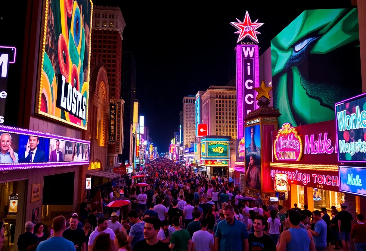The lively Las Vegas Strip lit up at night with crowds enjoying the atmosphere.
