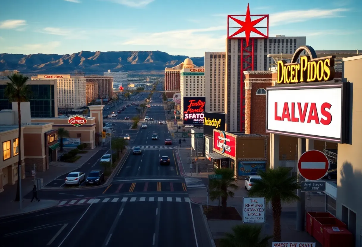 Streets of Las Vegas with both busy and empty areas showcasing the impact of declining tourism.