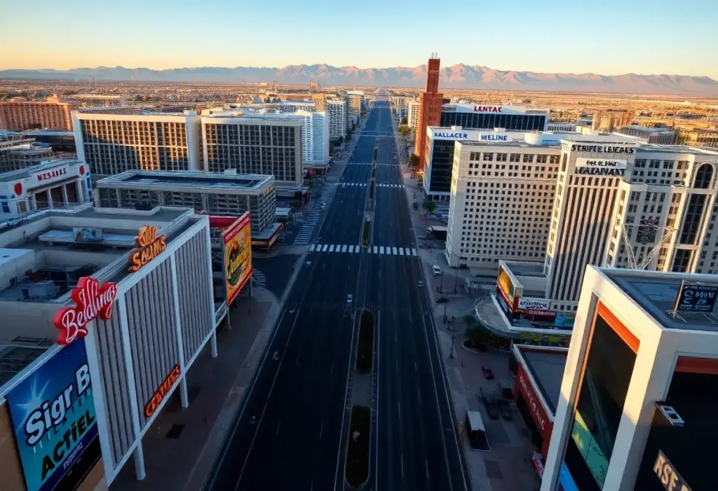 Aerial view of Las Vegas Strip reflecting decreased tourism.
