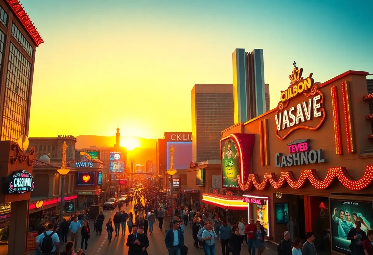 Bustling Las Vegas Strip with tourists and neon lights at sunset