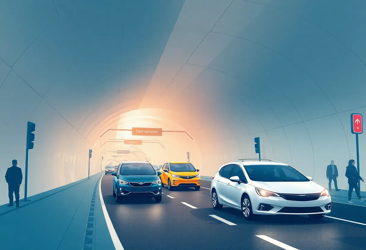 Illustration of a tunnel network with electric vehicles representing the Las Vegas transportation project.