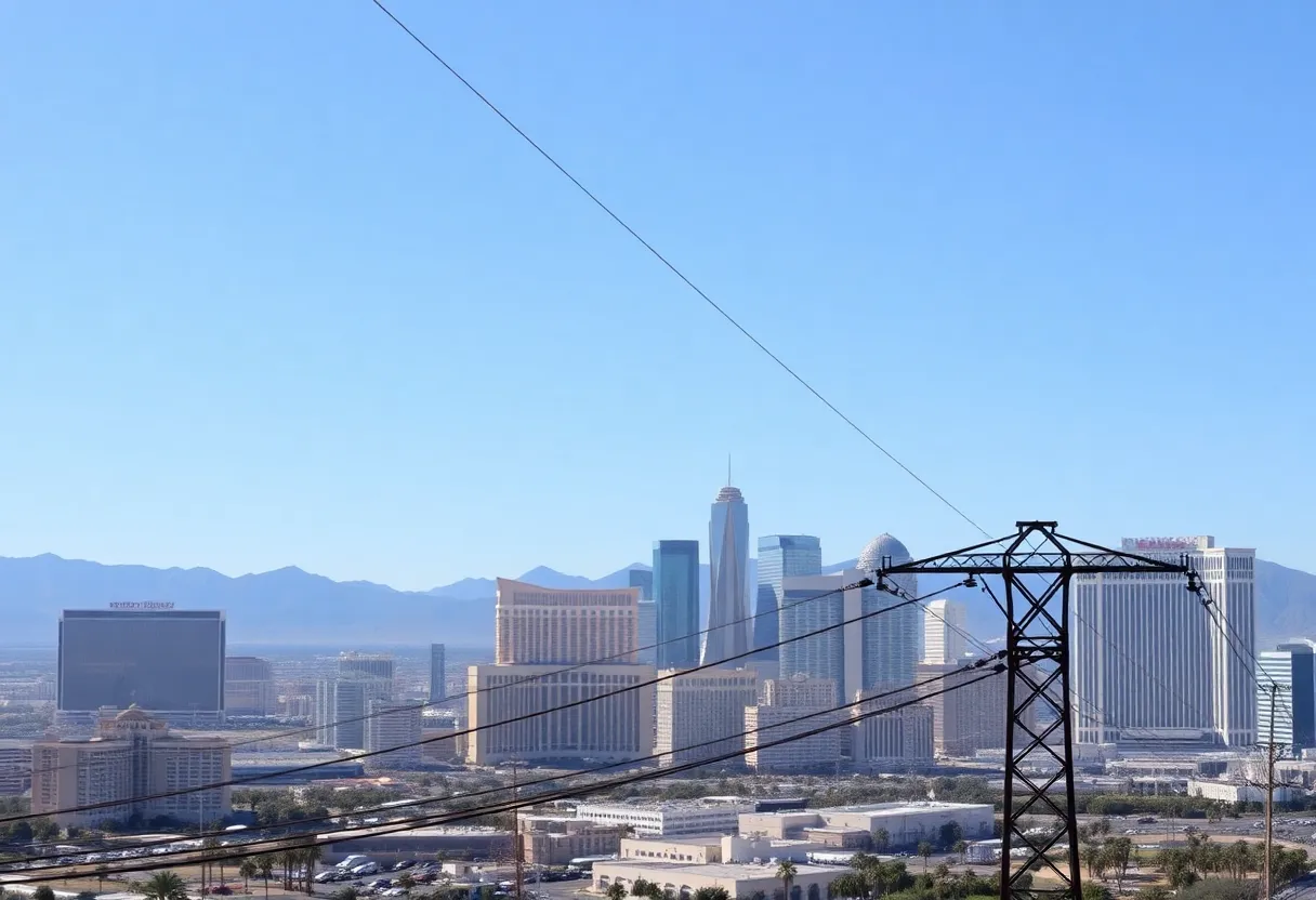 Las Vegas skyline showing utility power lines in the foreground