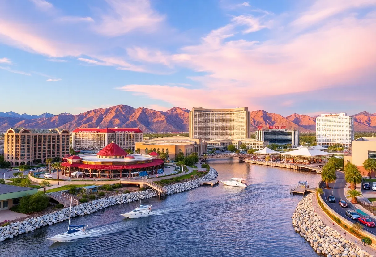 A picturesque view of the Colorado River and resorts in Laughlin, Nevada