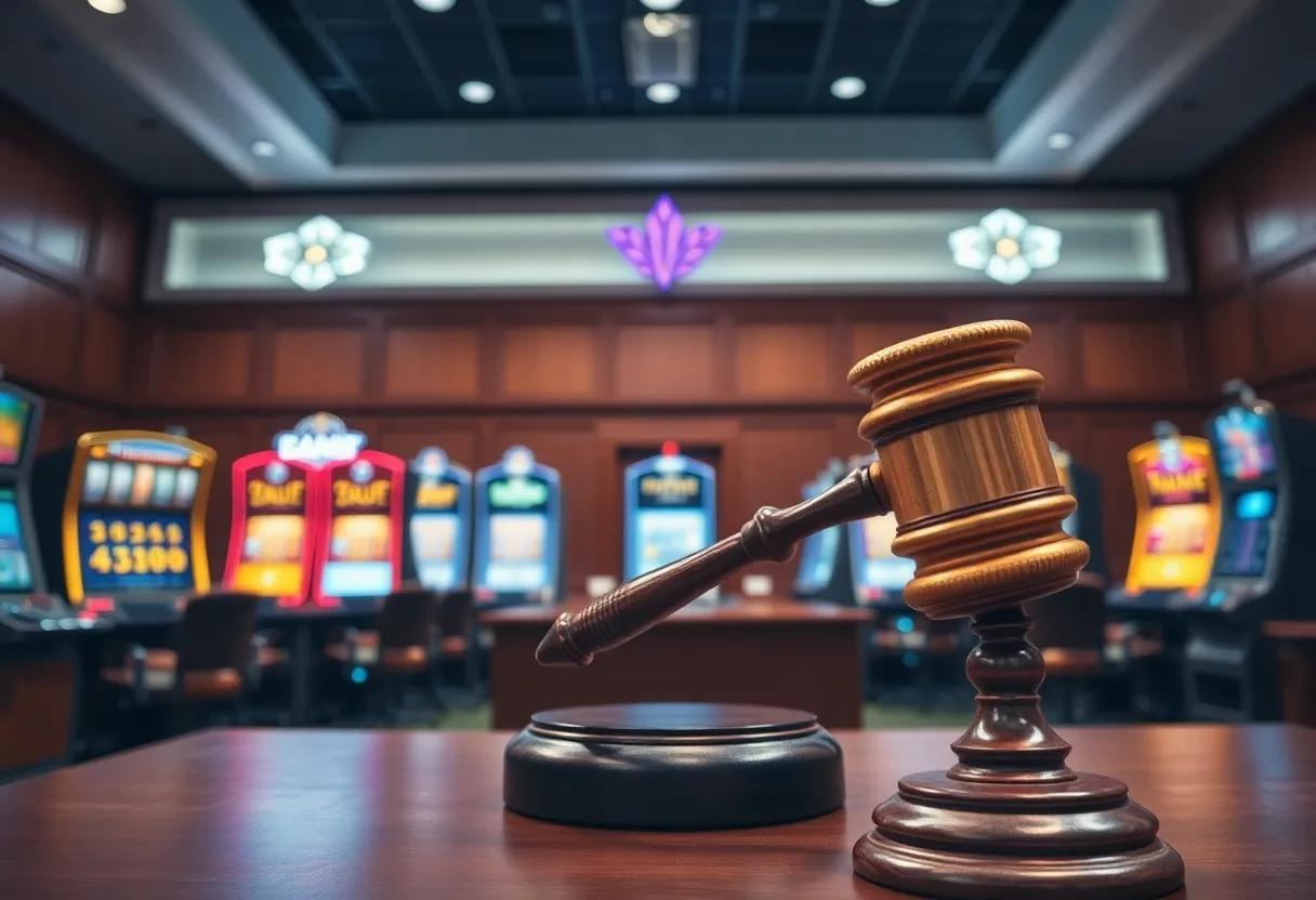 Courtroom scene representing gaming litigation