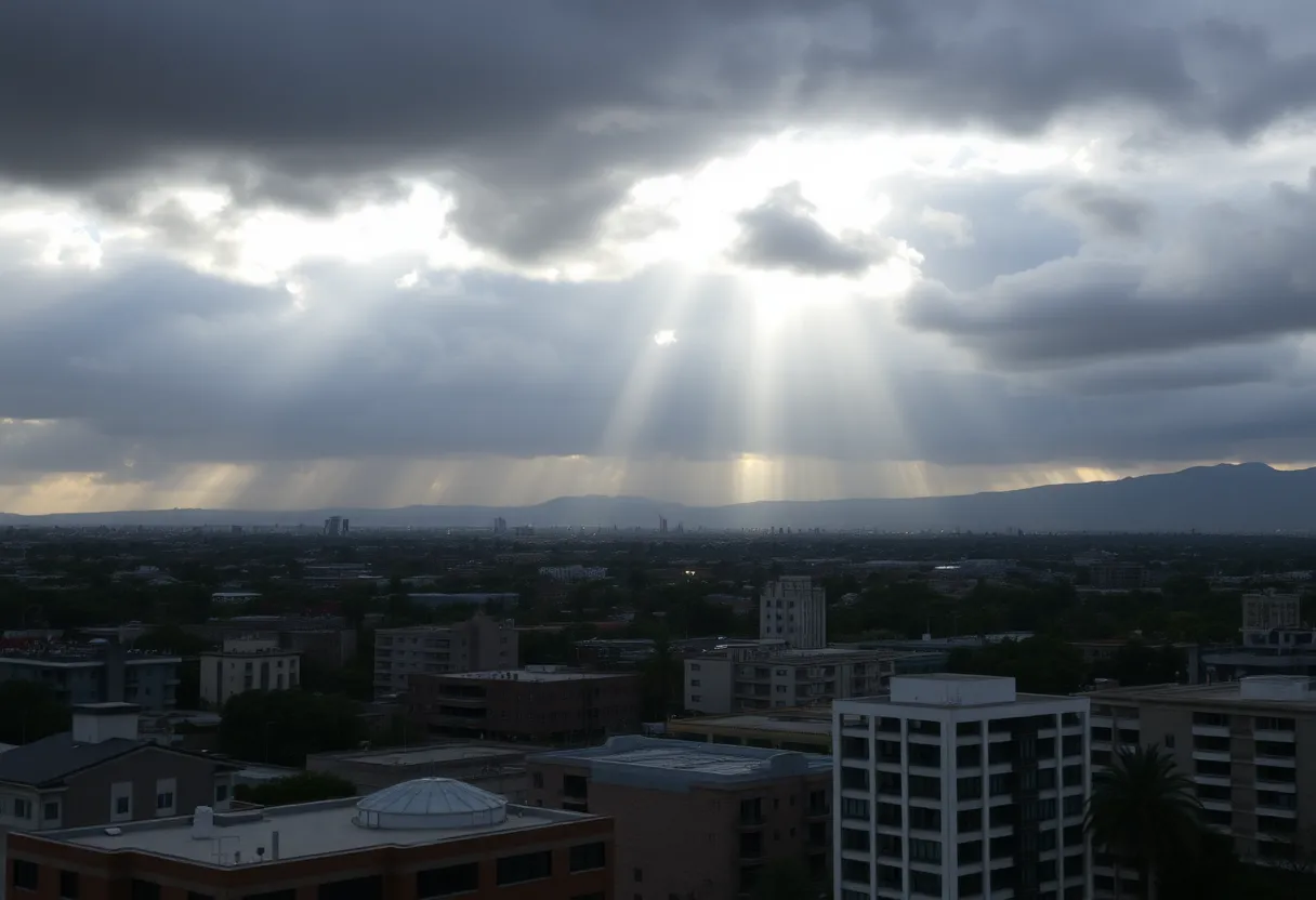 Cloudy skies over Los Angeles with city buildings in view