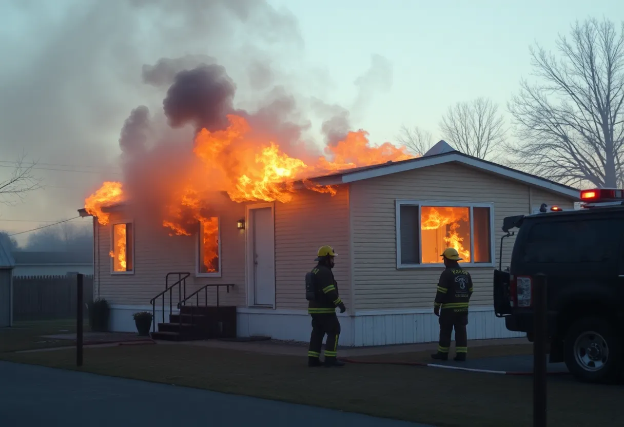 Firefighters combating a mobile home fire