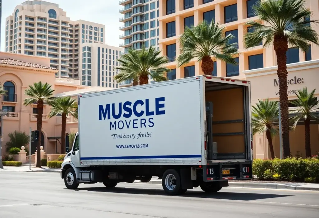 Muscle Movers LLC truck in front of luxury homes in Las Vegas