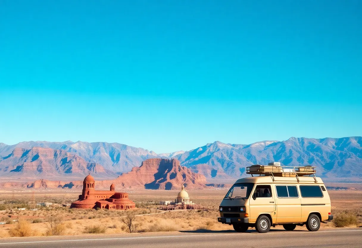 A picturesque view of Nevada's landscape with mountains and cultural landmarks.
