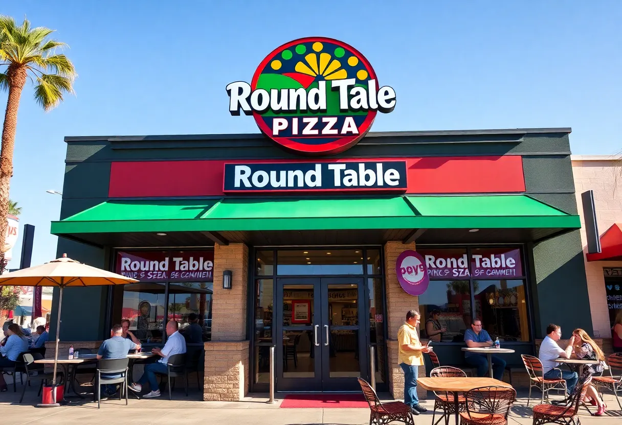 Exterior view of the new Round Table Pizza restaurant in Las Vegas