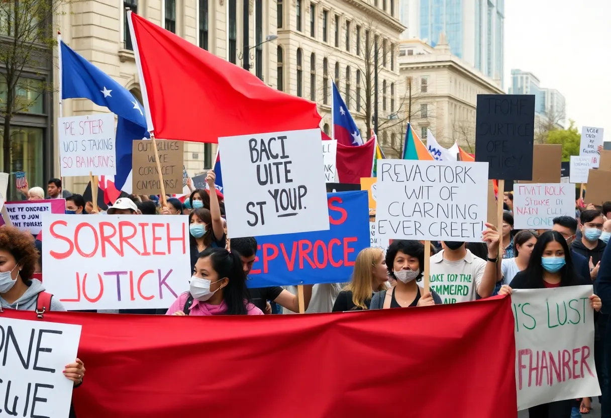 Participants of the No Kings protest rally in Las Vegas holding banners