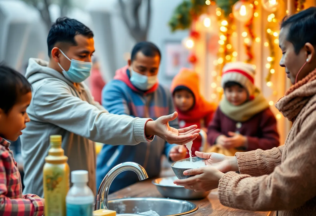 Family practicing hygiene to prevent norovirus during holidays
